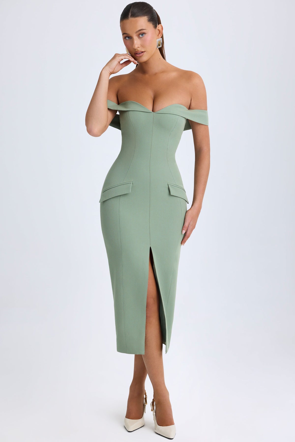 Off-Shoulder Midaxi Dress in Khaki Green – view 6