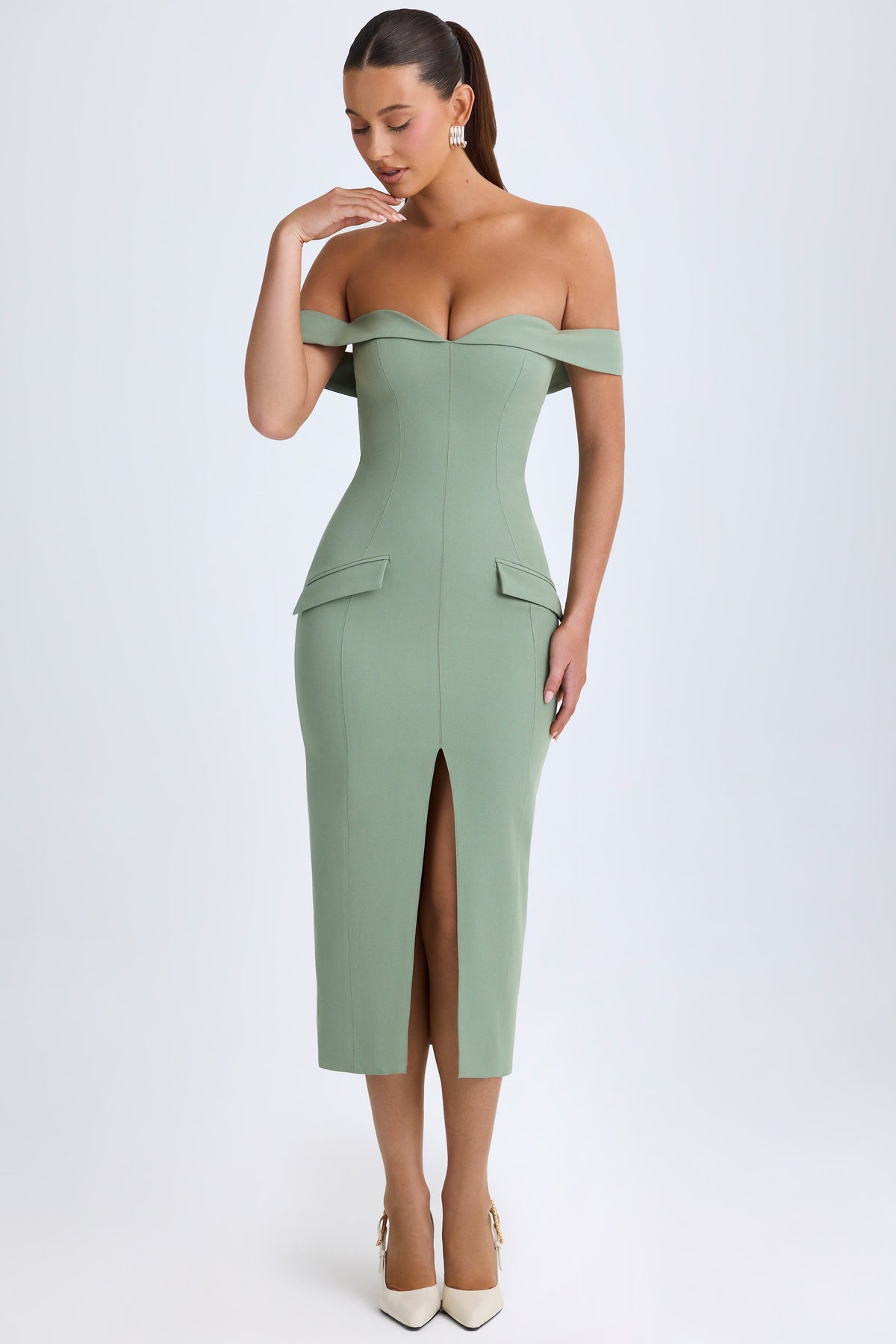 Off-Shoulder Midaxi Dress in Khaki Green – view 7