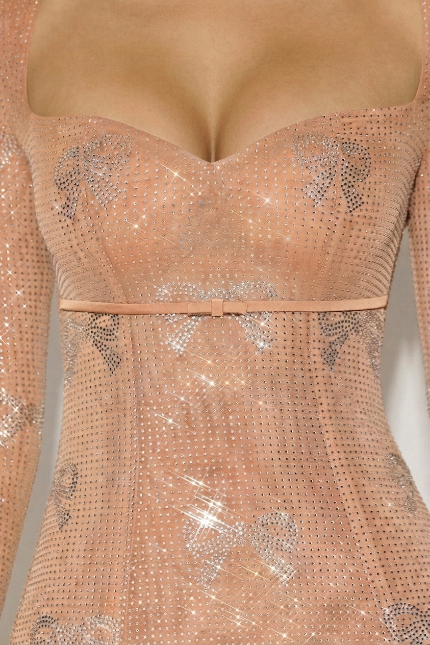 Embellished Sweetheart A-Line Mini Dress in Almond