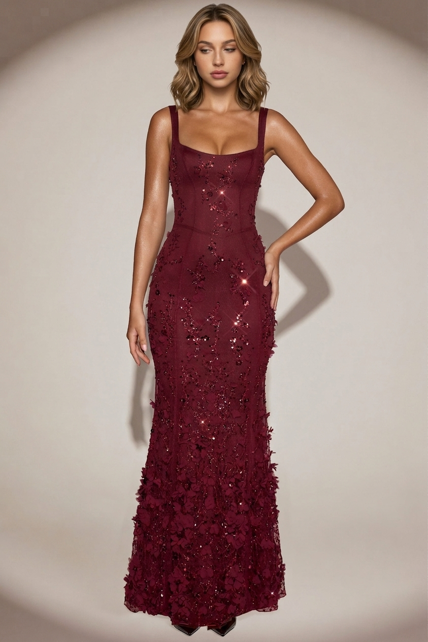 Embellished Appliqué Soft-Scoop Corset Gown in Wine Red