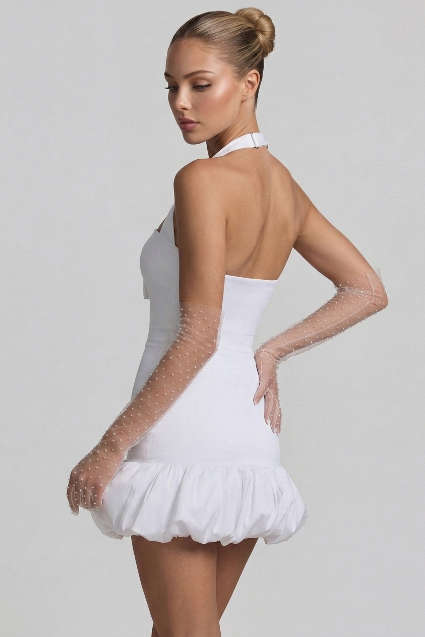Bow-Detail Halterneck Bubble Hem Mini Dress in White