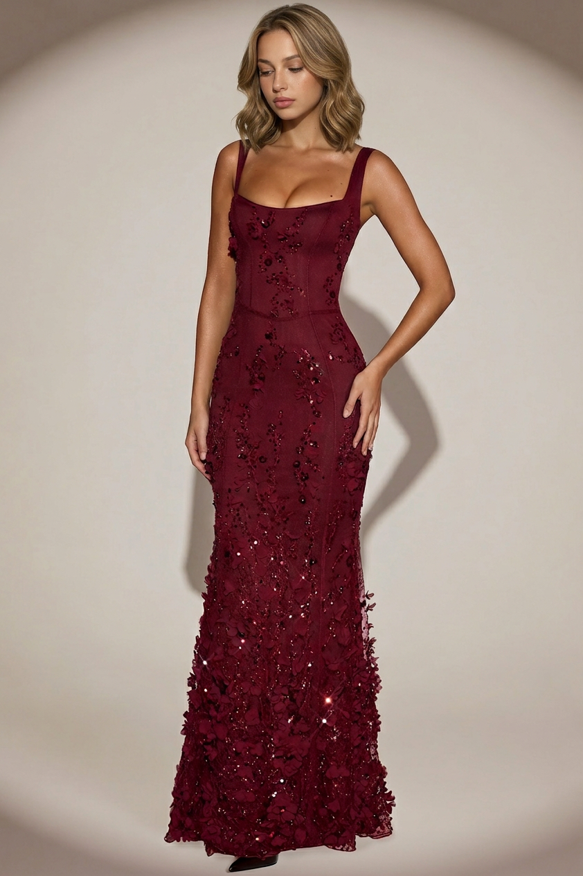 Embellished Appliqué Soft-Scoop Corset Gown in Wine Red