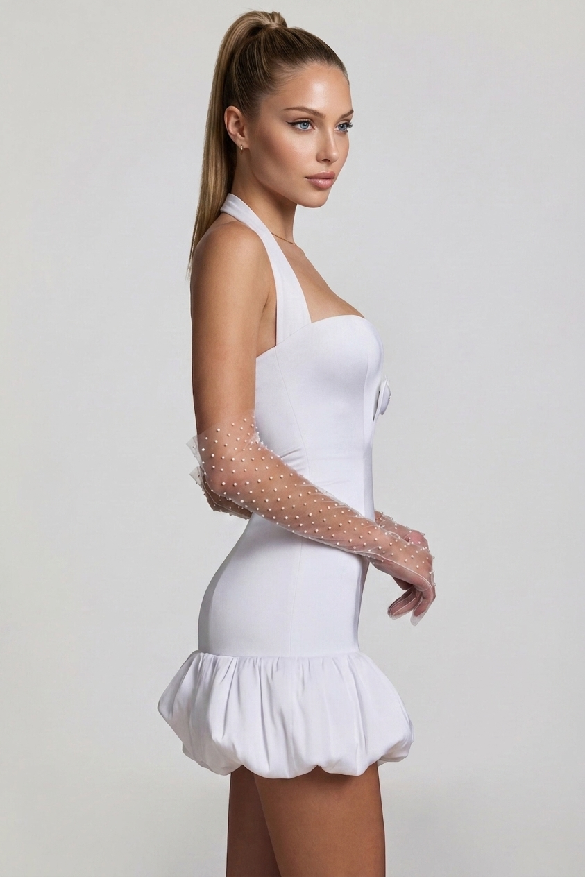 Bow-Detail Halterneck Bubble Hem Mini Dress in White