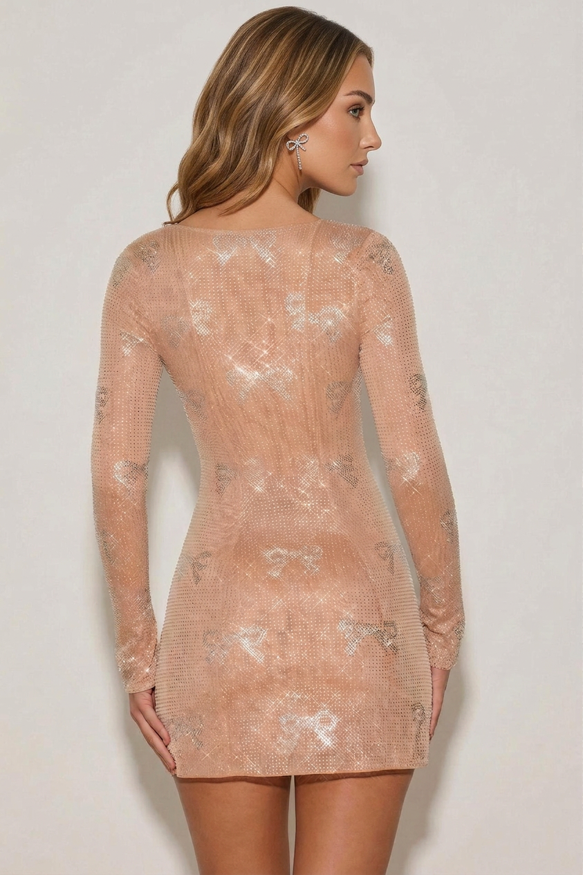 Embellished Sweetheart A-Line Mini Dress in Almond