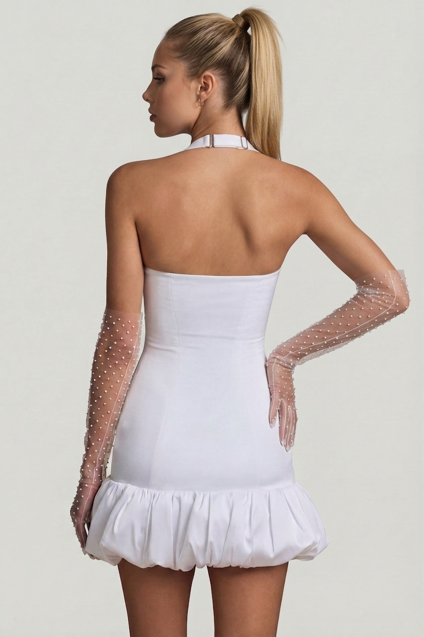 Bow-Detail Halterneck Bubble Hem Mini Dress in White