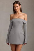 Off-Shoulder Structured A-Line Mini Dress in Grey – view 1