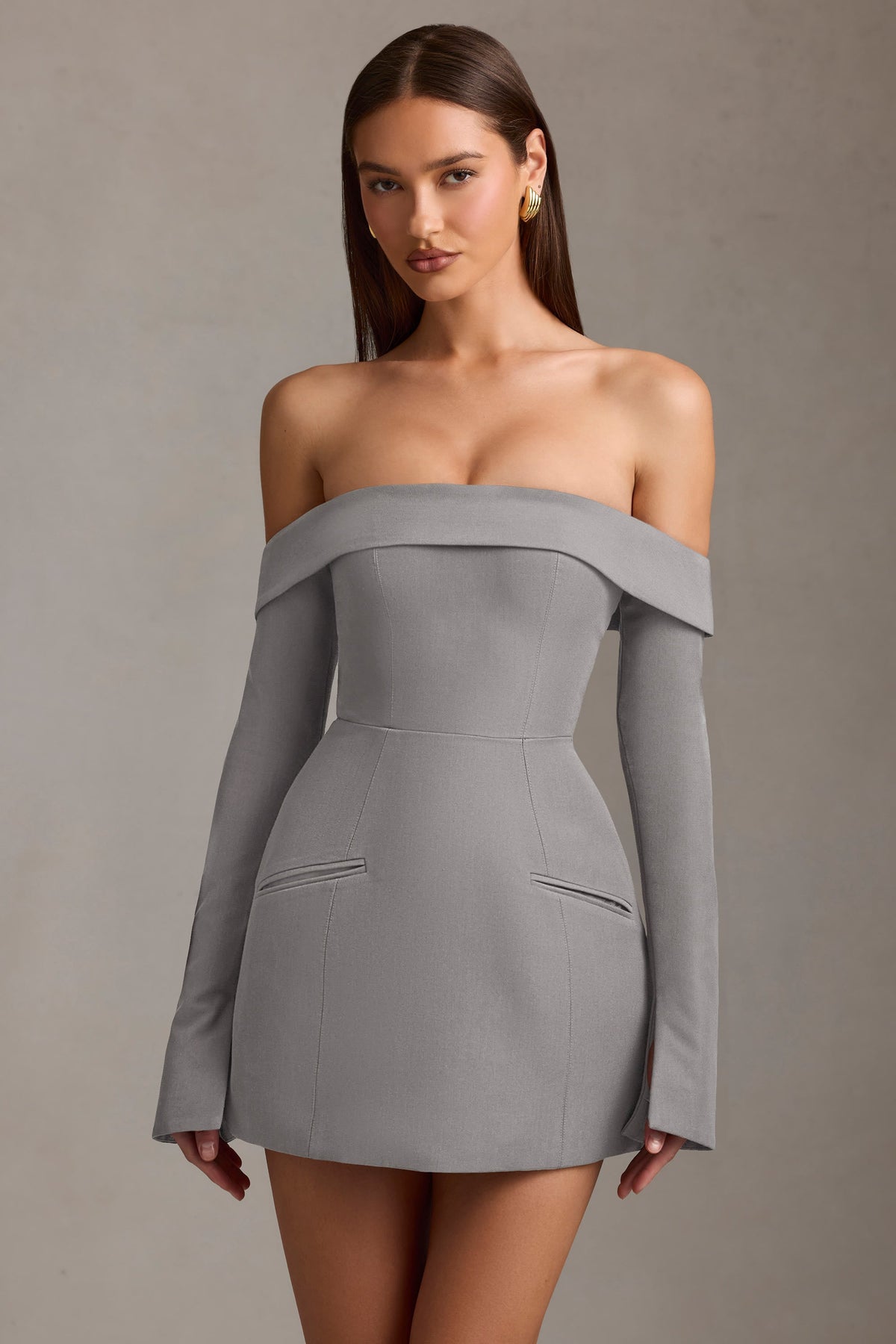 Off-Shoulder Structured A-Line Mini Dress in Grey – view 1