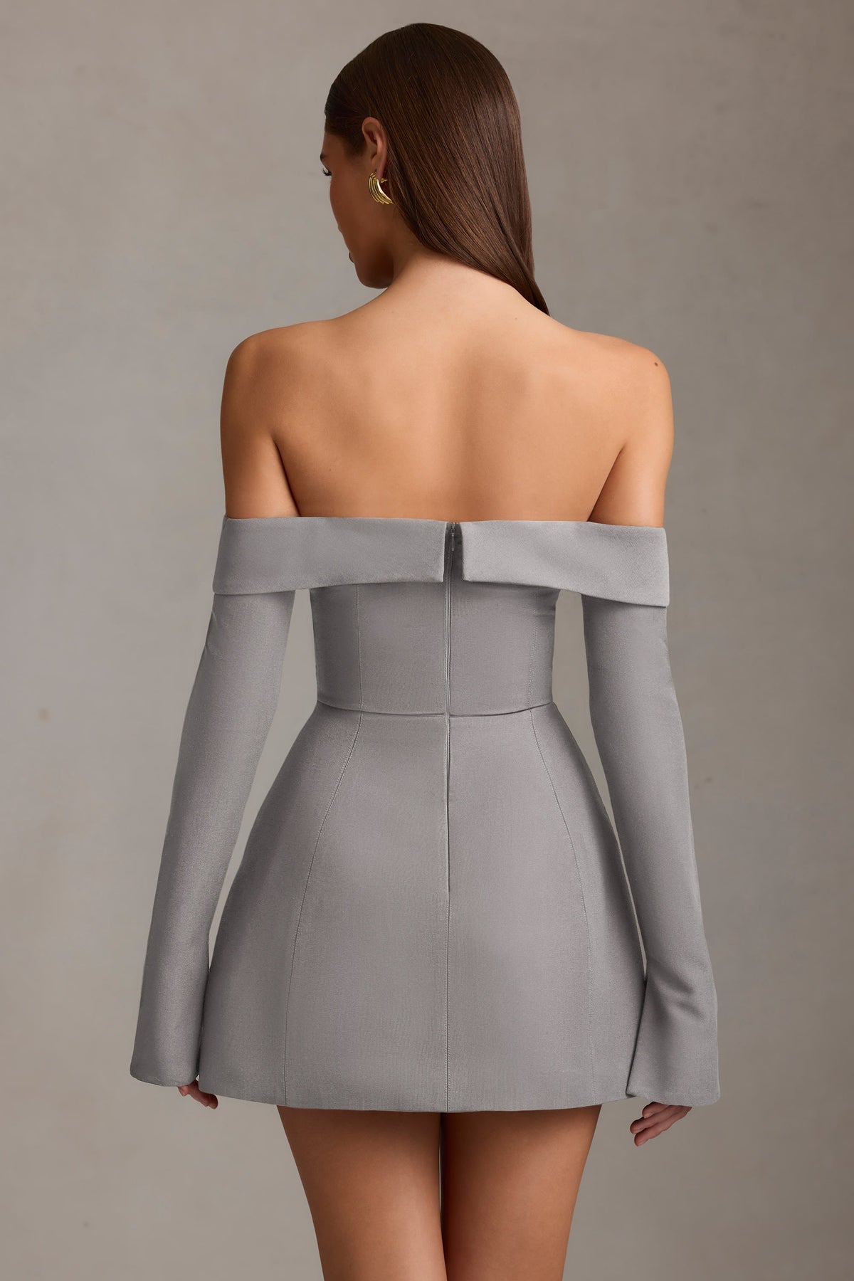 Off-Shoulder Structured A-Line Mini Dress in Grey – view 3