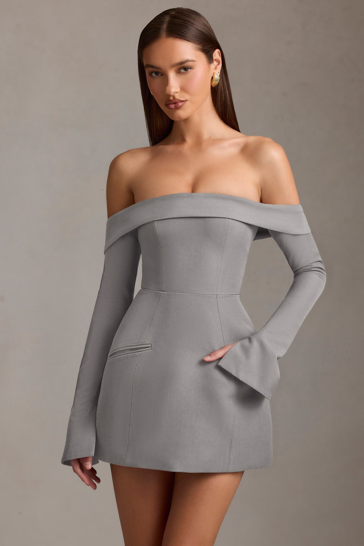 Off-Shoulder Structured A-Line Mini Dress in Grey – view 6
