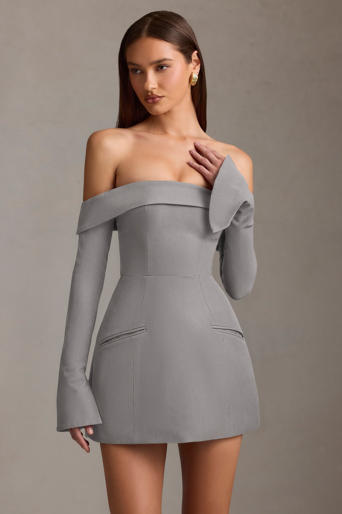 Off-Shoulder Structured A-Line Mini Dress in Grey – view 7