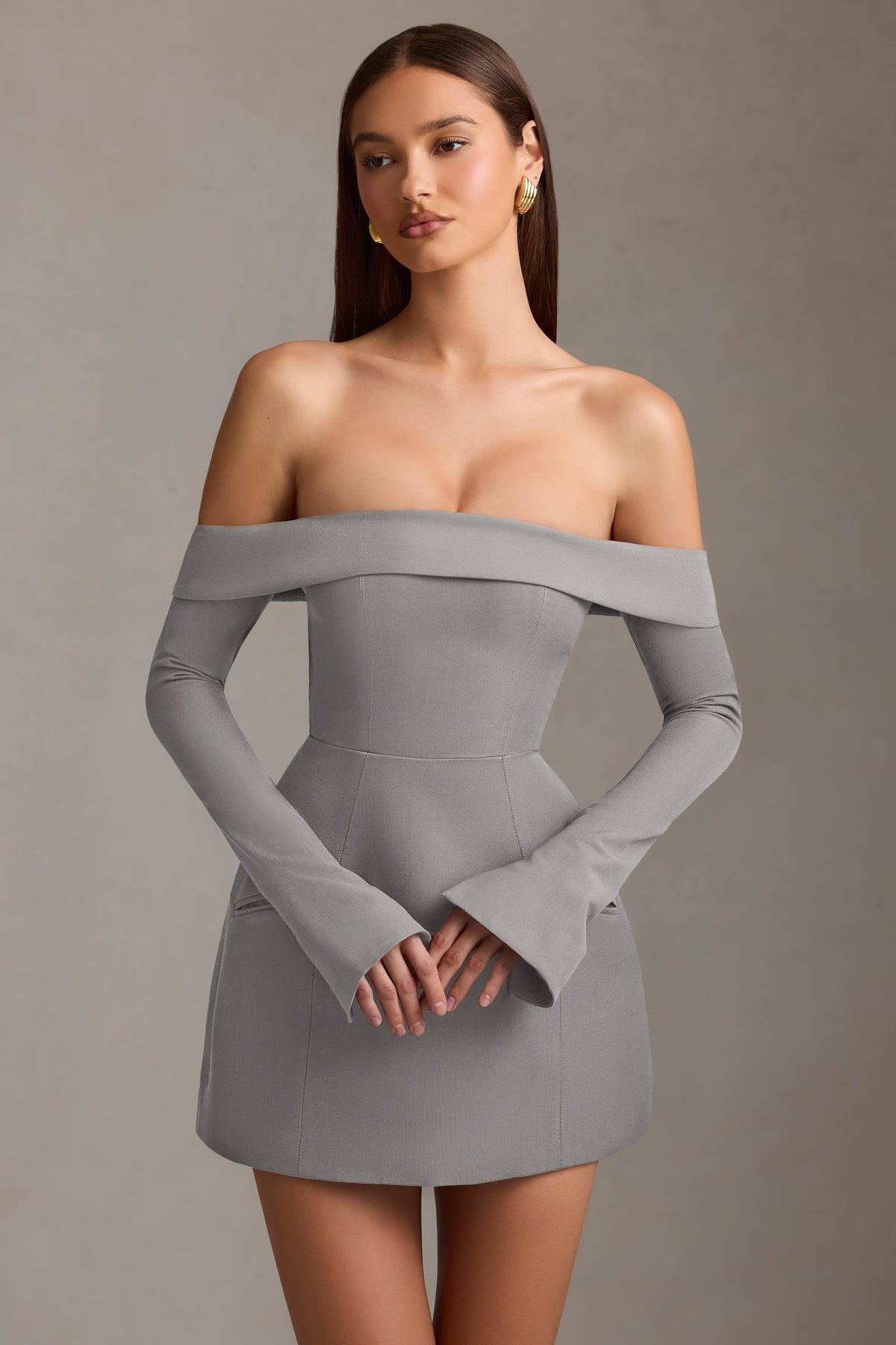 Off-Shoulder Structured A-Line Mini Dress in Grey – view 8