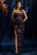 Bandeau Cowl-Neck Maxi Dress in Black Floral Print