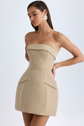 Foldover-Neck Structured Tulip Mini Dress in Camel – view 1
