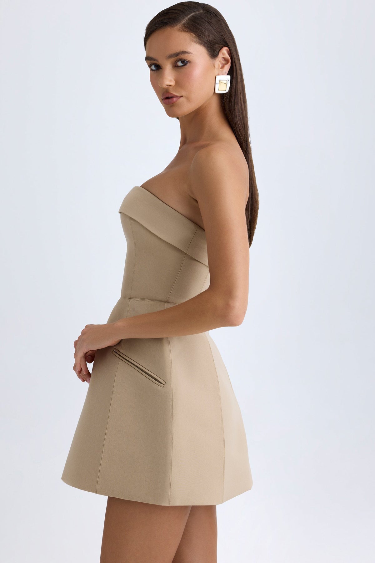 Foldover-Neck Structured Tulip Mini Dress in Camel – view 4