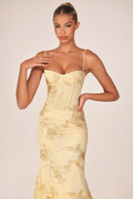Embroidered Lace-Up Maxi Dress in Pale Gold