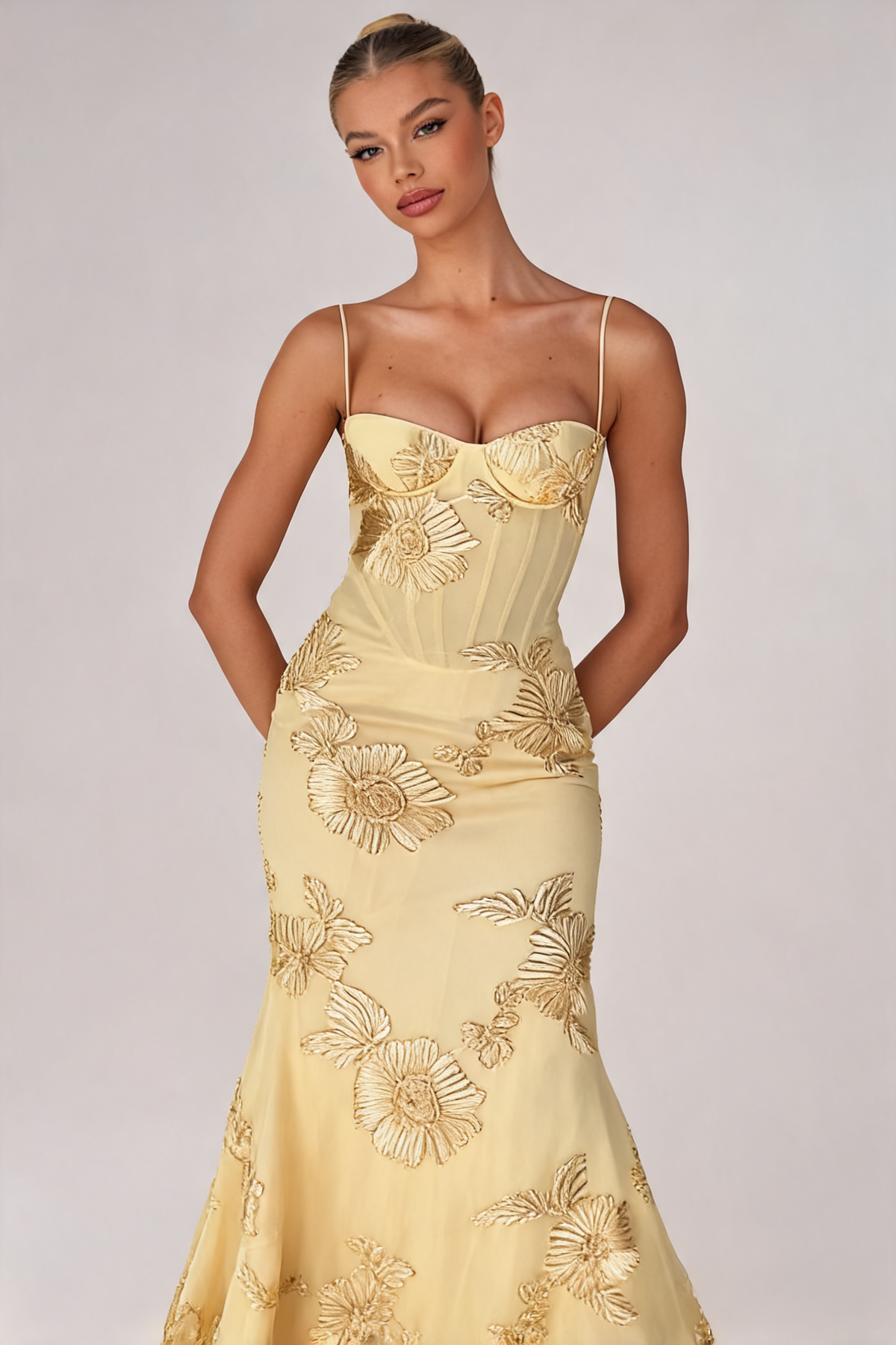 Embroidered Lace-Up Maxi Dress in Pale Gold