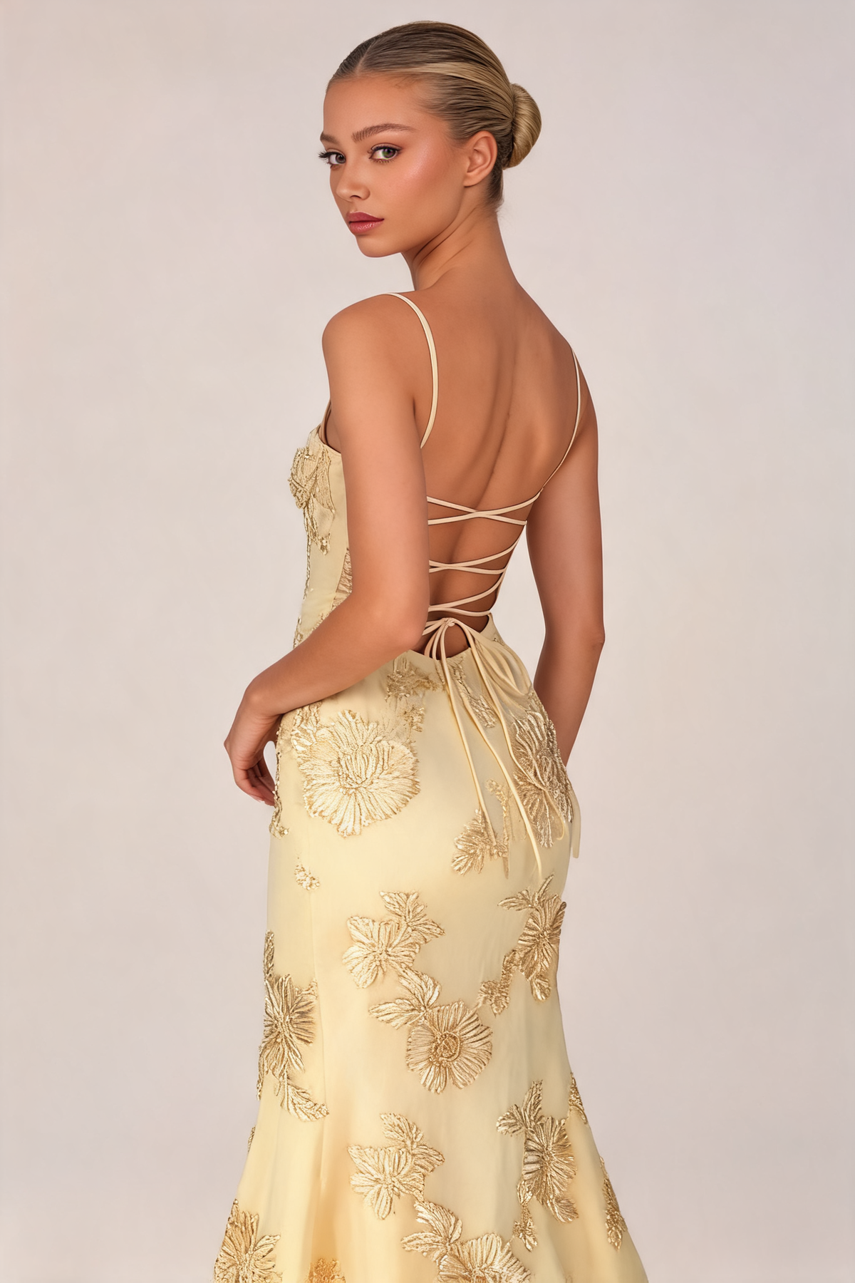 Embroidered Lace-Up Maxi Dress in Pale Gold