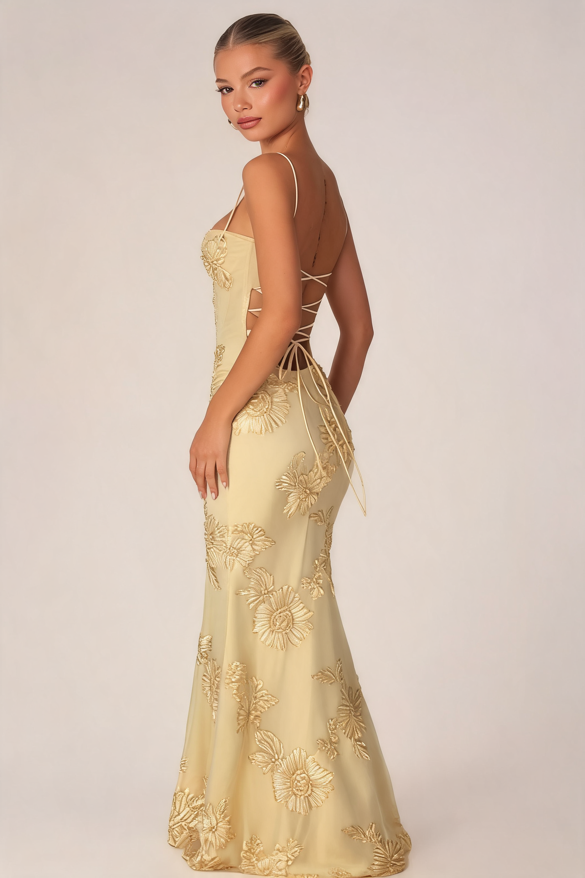 Embroidered Lace-Up Maxi Dress in Pale Gold