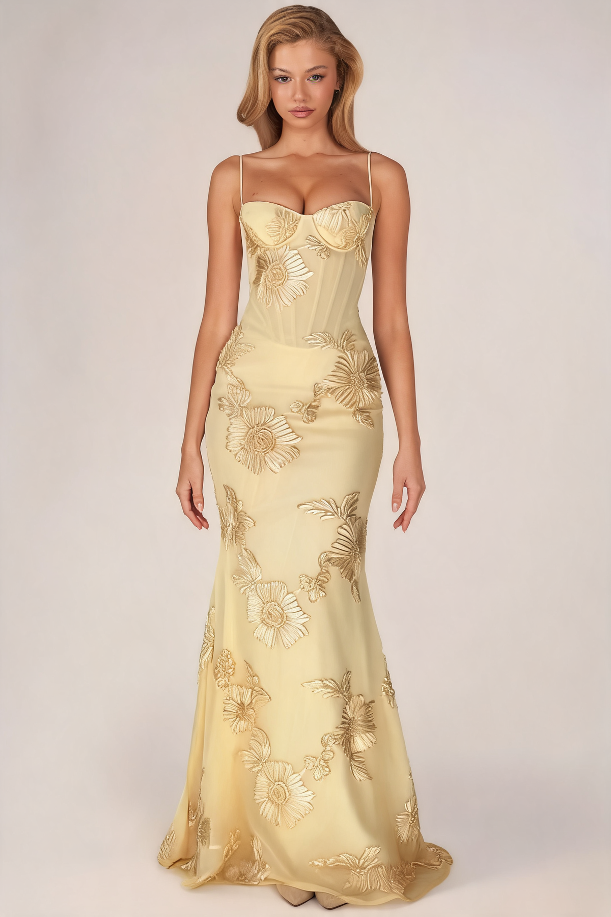 Embroidered Lace-Up Maxi Dress in Pale Gold