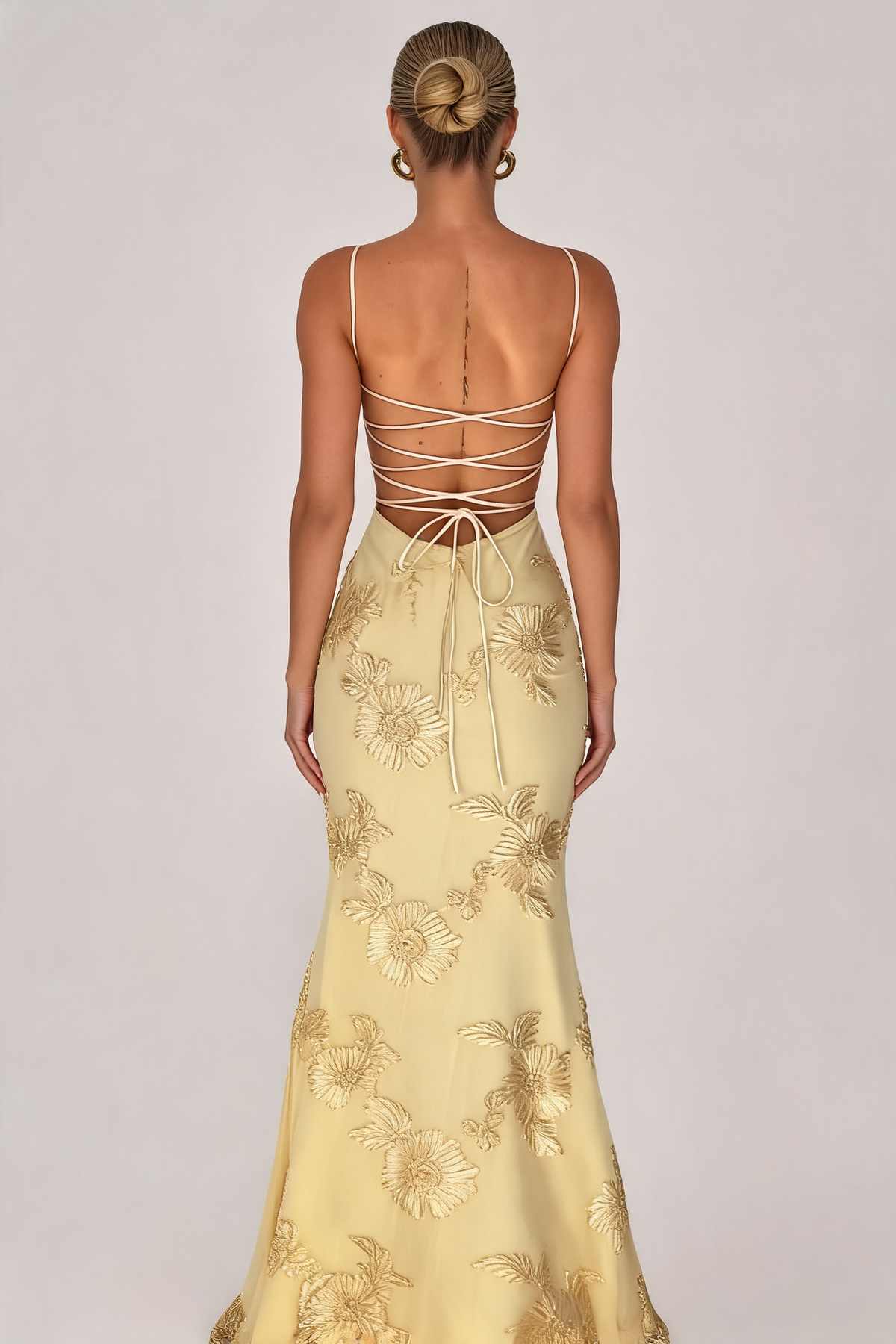 Embroidered Lace-Up Maxi Dress in Pale Gold