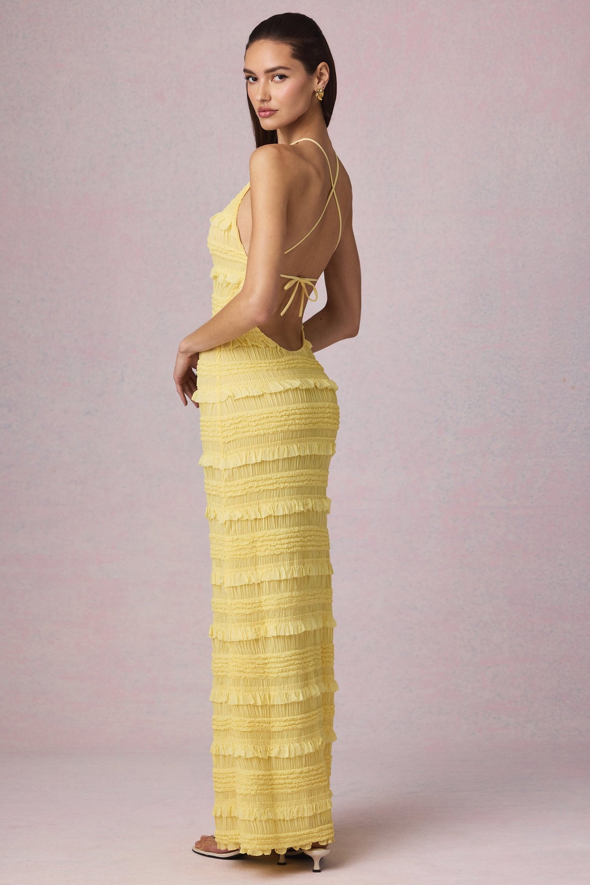 Ruffled Backless Halterneck Maxi Dress in Lemon Yellow – view 2