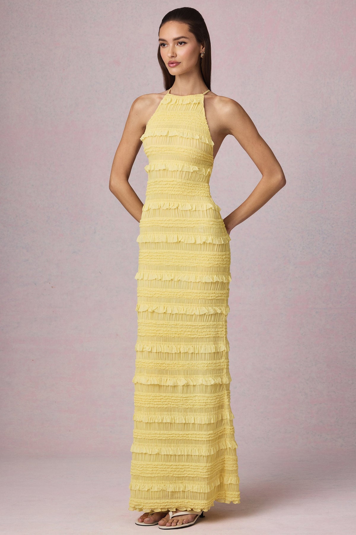 Ruffled Backless Halterneck Maxi Dress in Lemon Yellow – view 6