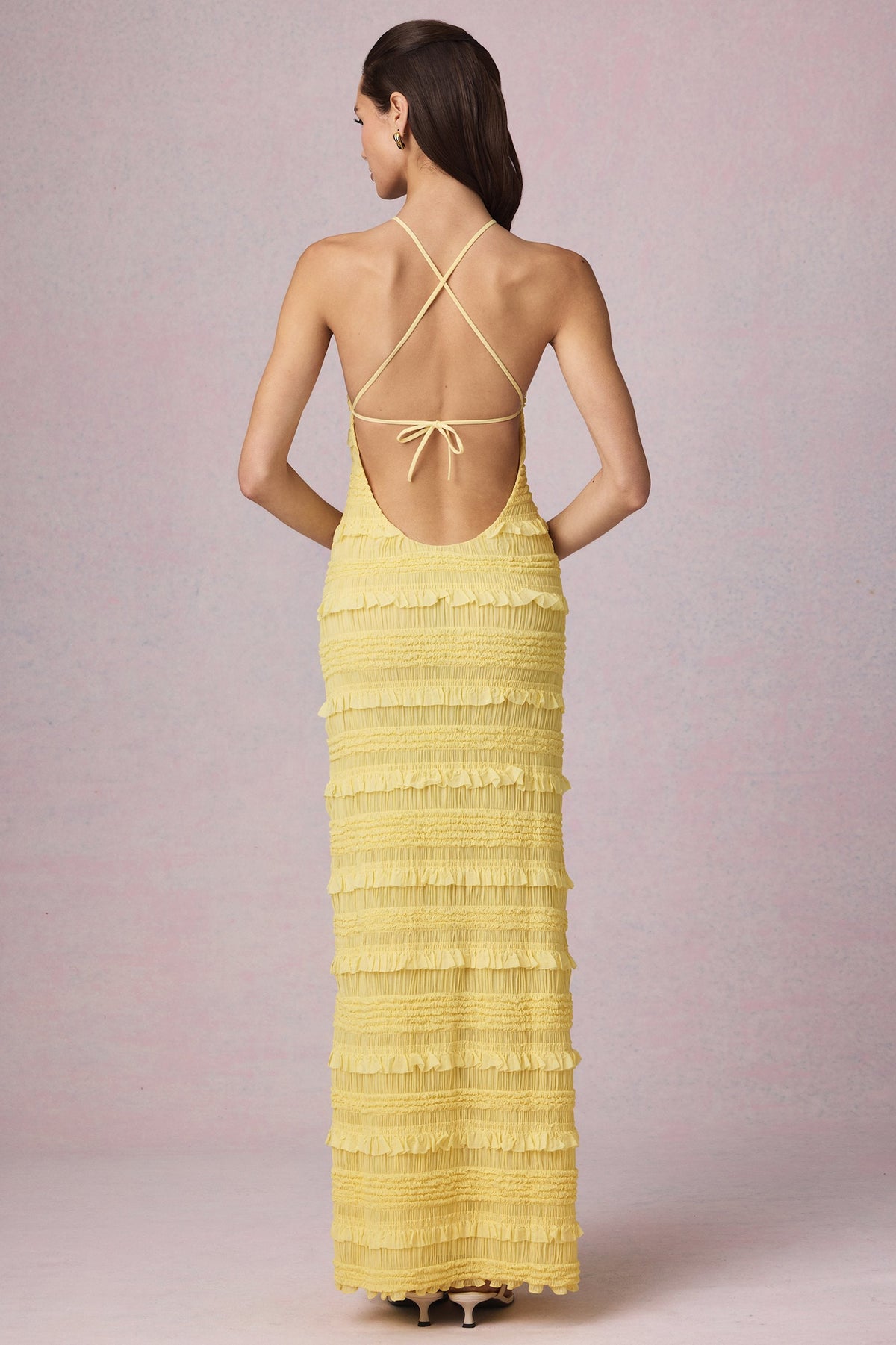 Ruffled Backless Halterneck Maxi Dress in Lemon Yellow – view 7