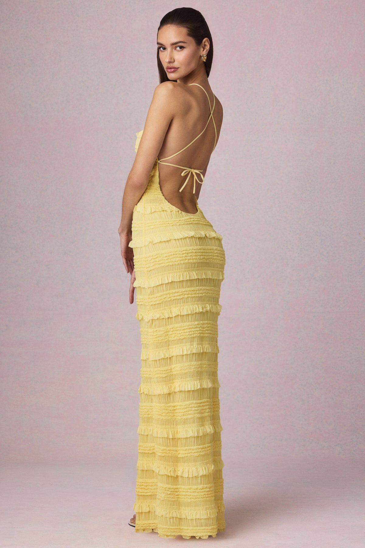 Ruffled Backless Halterneck Maxi Dress in Lemon Yellow – view 8