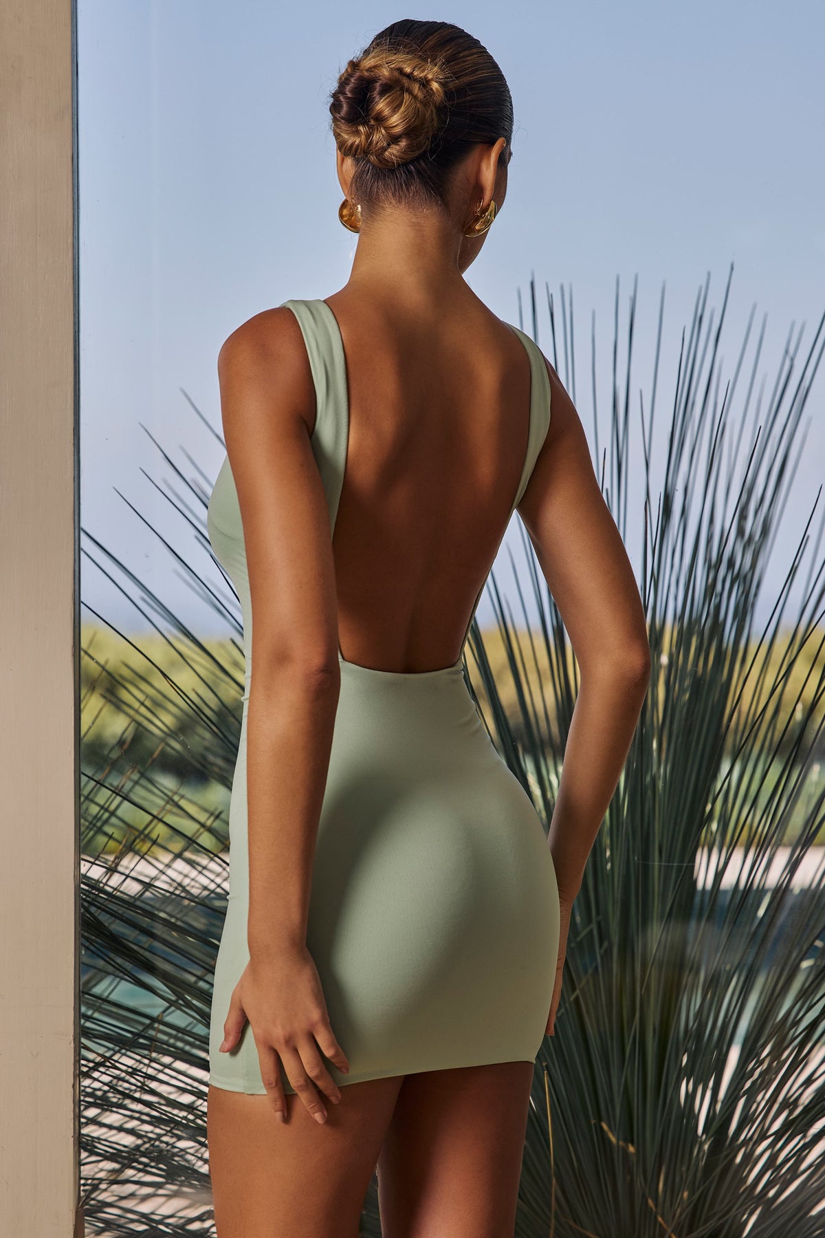 Draped Open-Back Mini Dress in Green – view 2