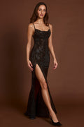 Embellished Peekaboo Cowl-Neck Dress in Brown Snake – view 1
