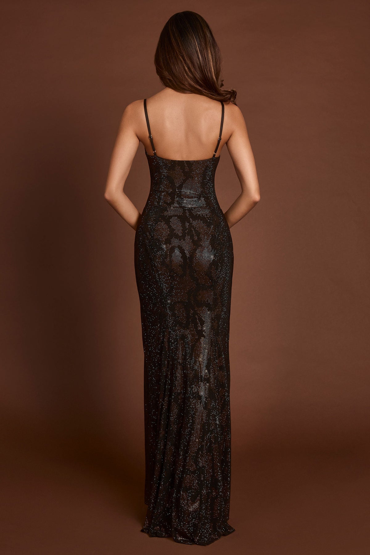 Embellished Peekaboo Cowl-Neck Dress in Brown Snake – view 2