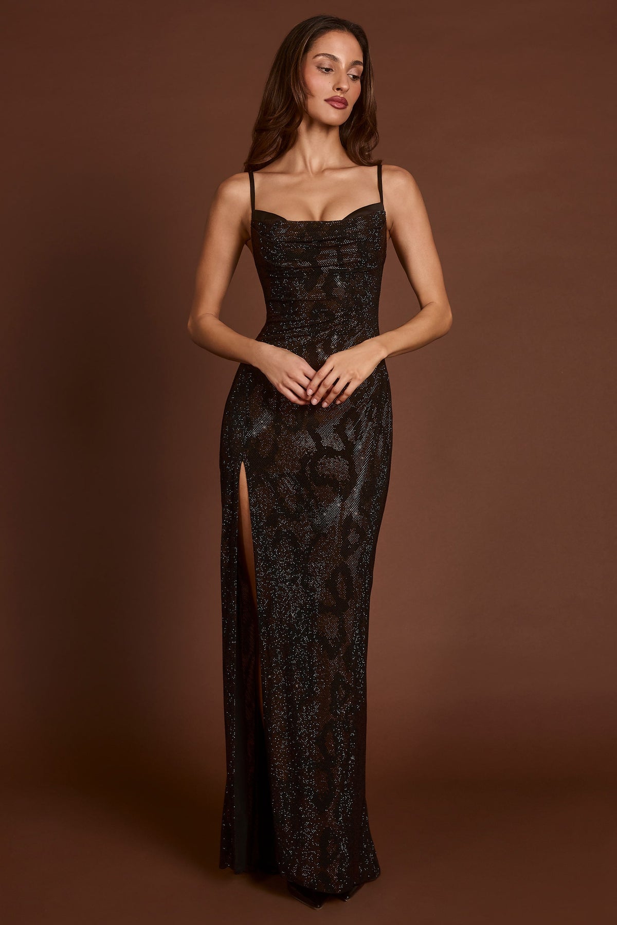 Embellished Peekaboo Cowl-Neck Dress in Brown Snake – view 8