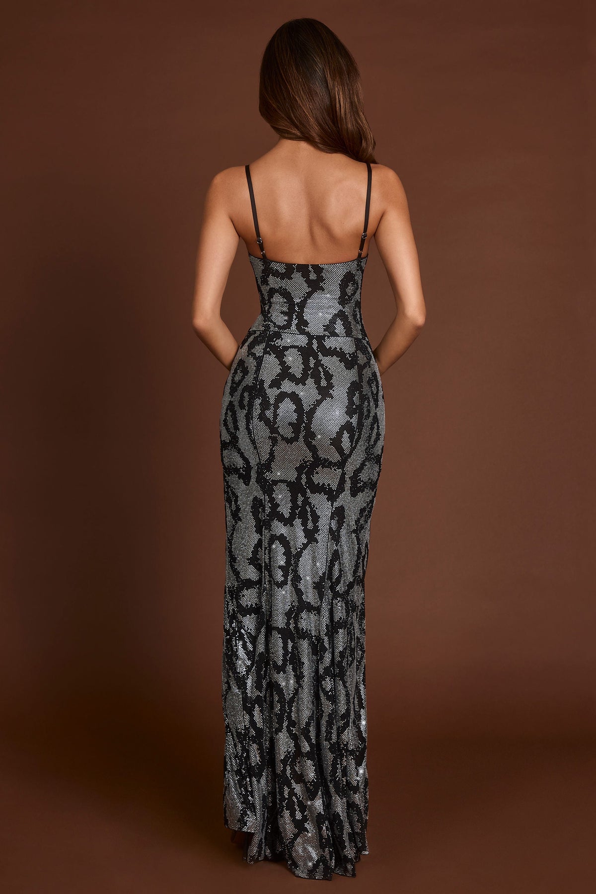 Embellished Peekaboo Cowl-Neck Dress in Silver Snake – view 2