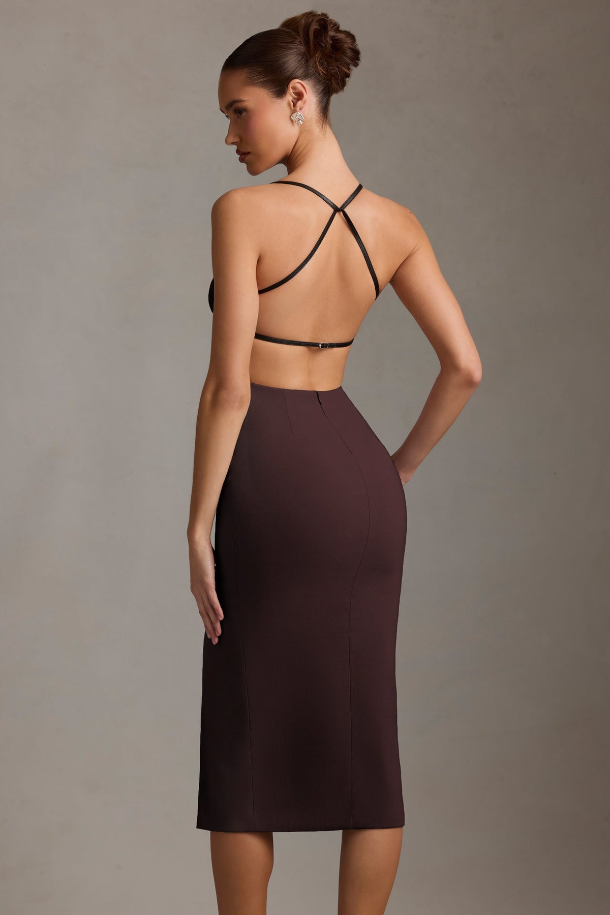 Plunge-Neck Backless Midaxi Dress in Chocolate Brown – view 2