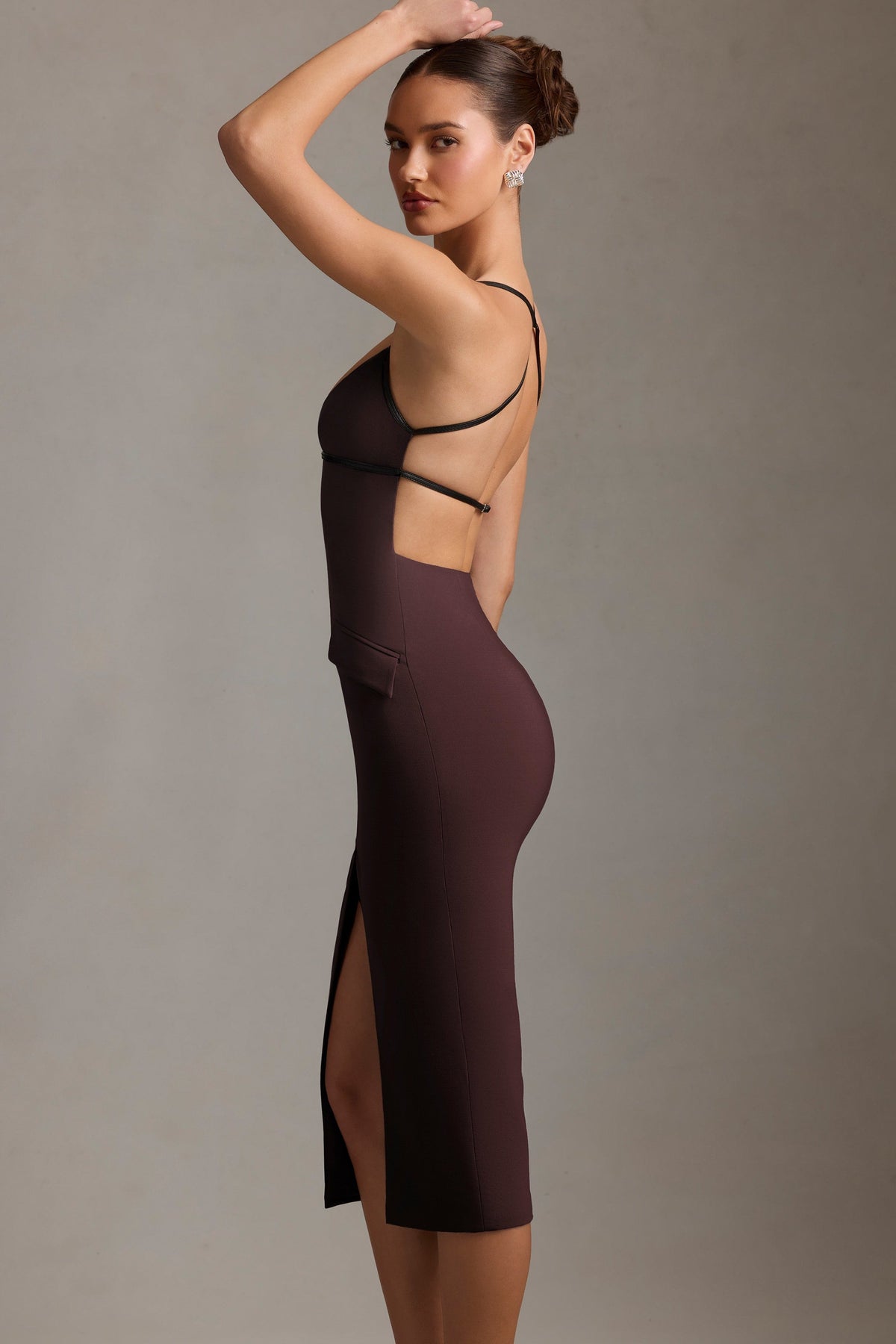 Plunge-Neck Backless Midaxi Dress in Chocolate Brown – view 3