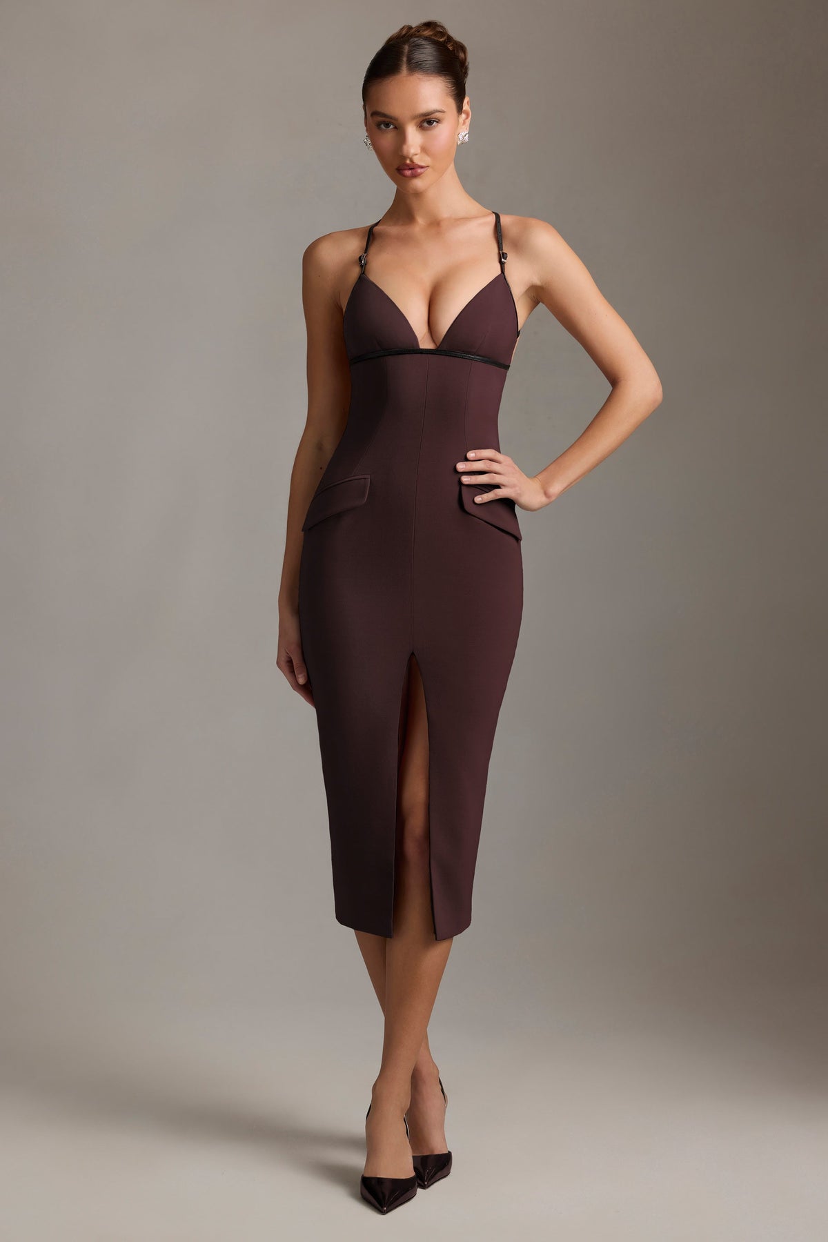 Plunge-Neck Backless Midaxi Dress in Chocolate Brown – view 5