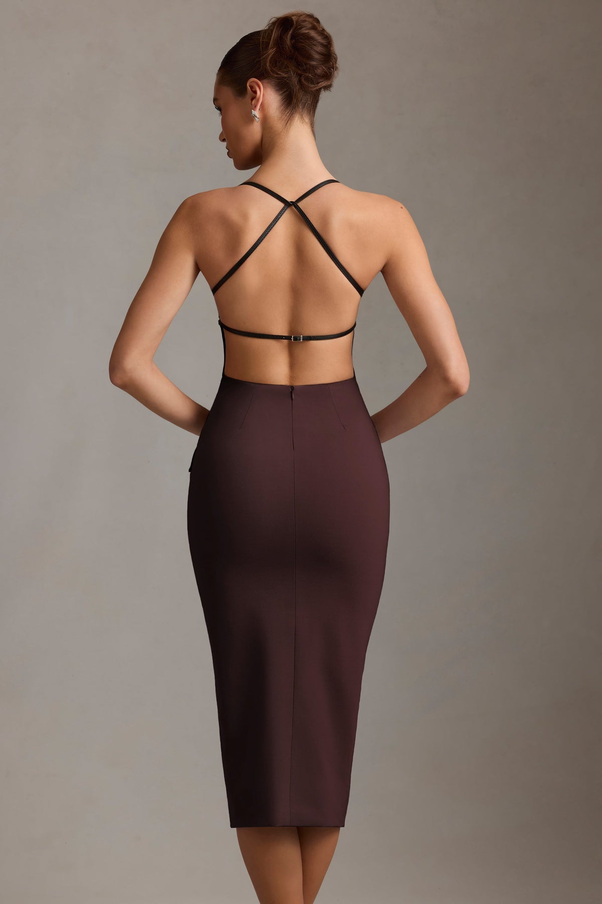 Plunge-Neck Backless Midaxi Dress in Chocolate Brown – view 7