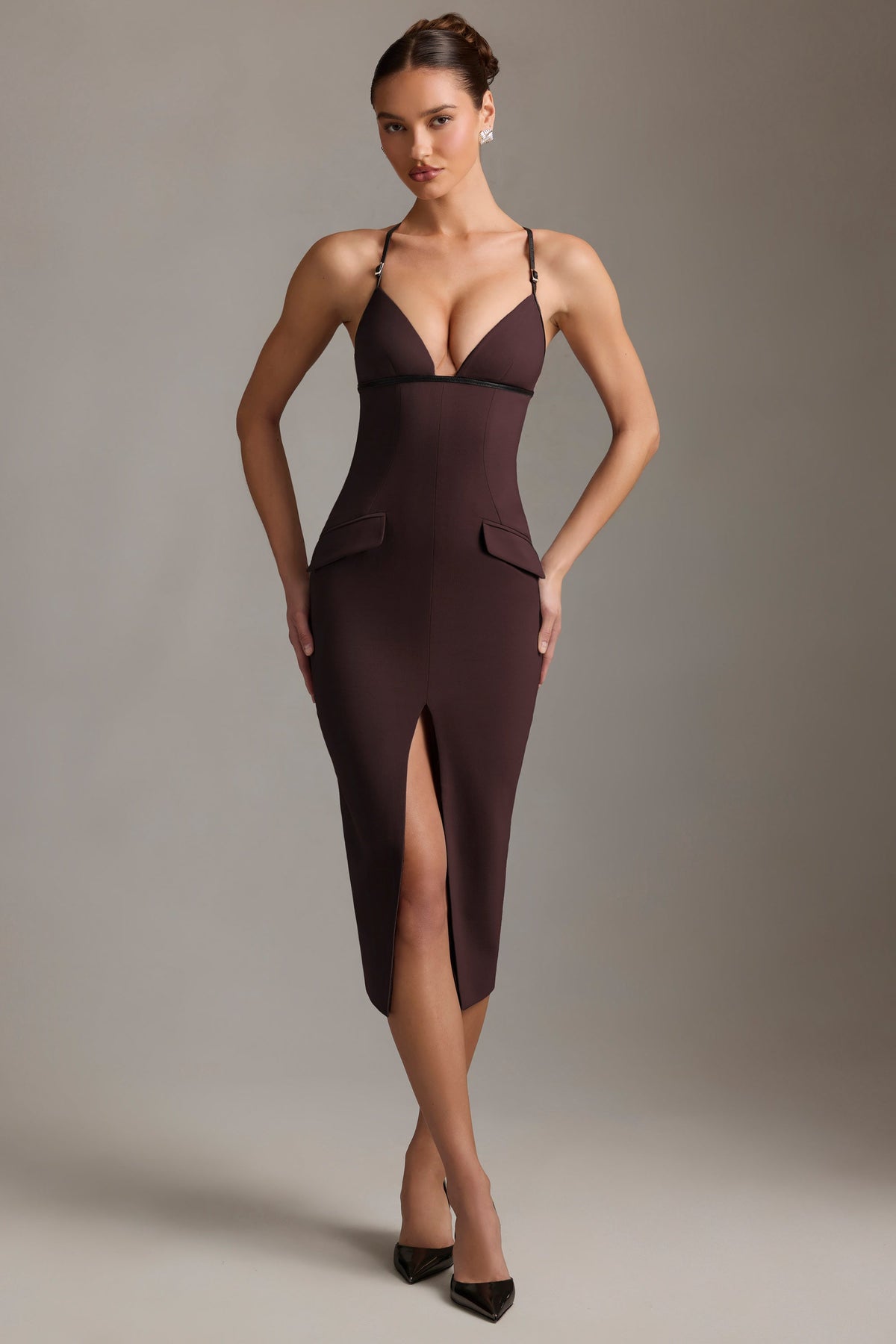 Plunge-Neck Backless Midaxi Dress in Chocolate Brown – view 8