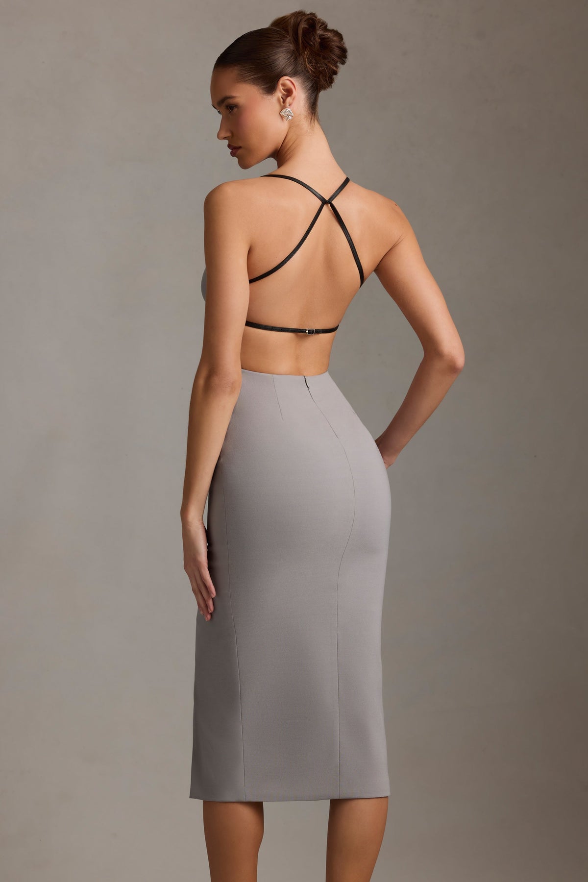 Plunge-Neck Backless Midaxi Dress in Grey – view 2