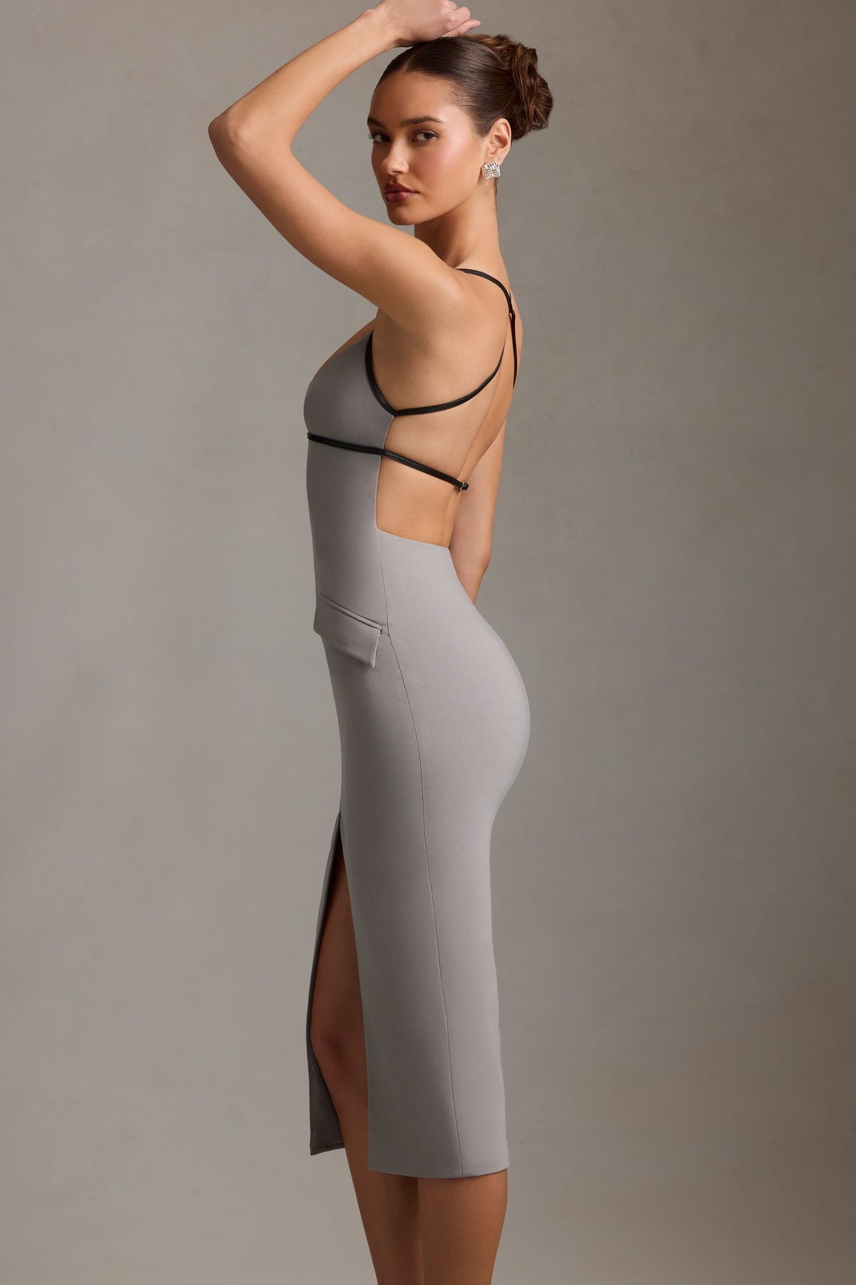 Plunge-Neck Backless Midaxi Dress in Grey – view 3