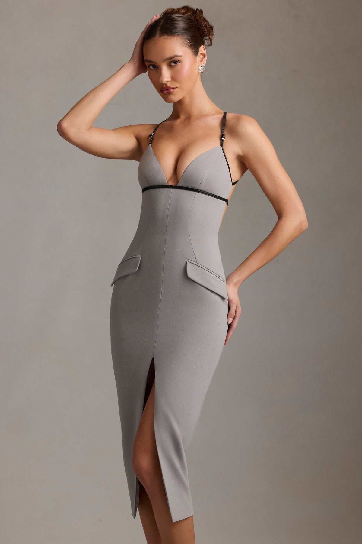 Plunge-Neck Backless Midaxi Dress in Grey – view 7