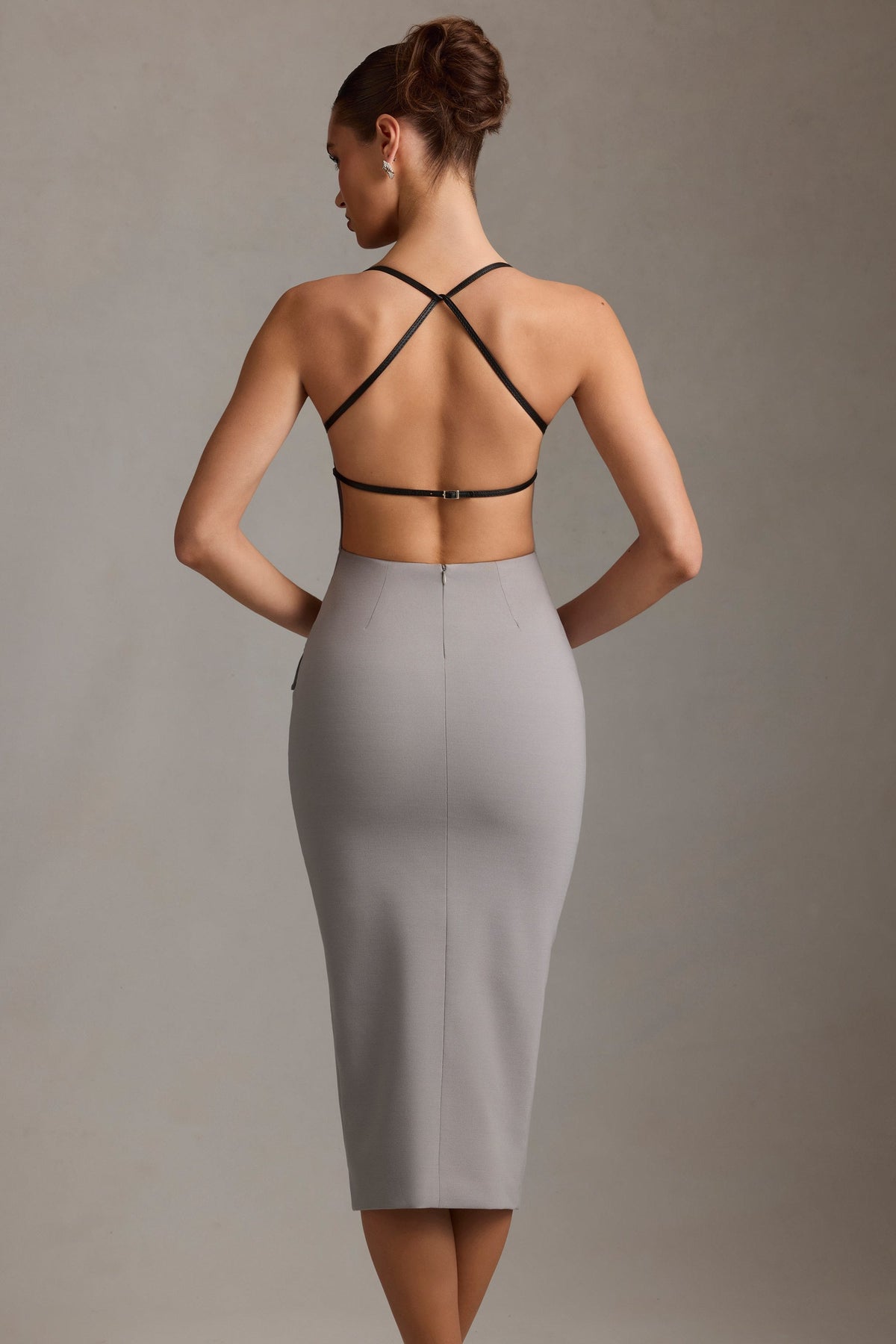Plunge-Neck Backless Midaxi Dress in Grey – view 8