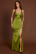 Scoop-Neck Lace-up Back Maxi Dress in Olive Green – view 1