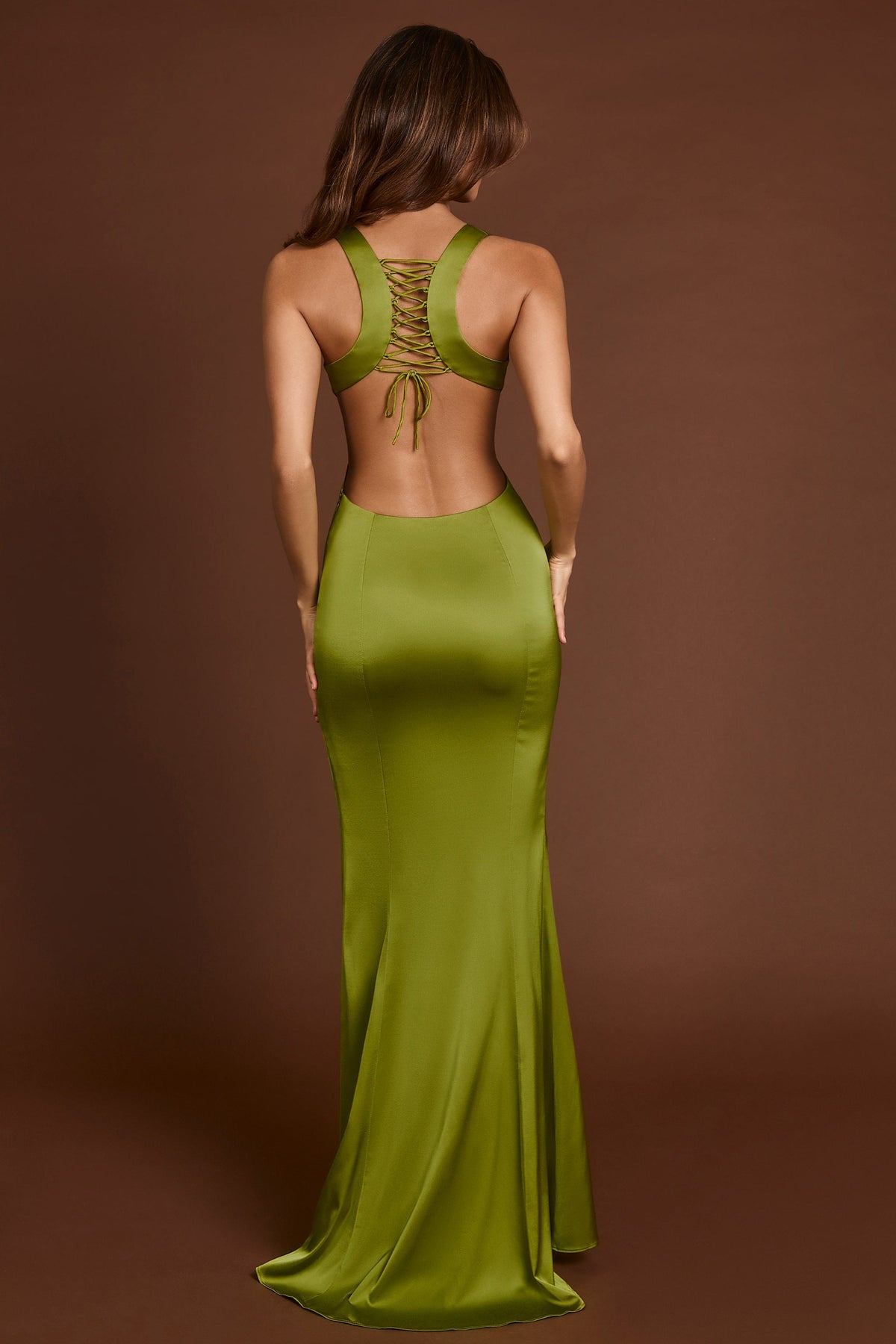Scoop-Neck Lace-up Back Maxi Dress in Olive Green – view 2