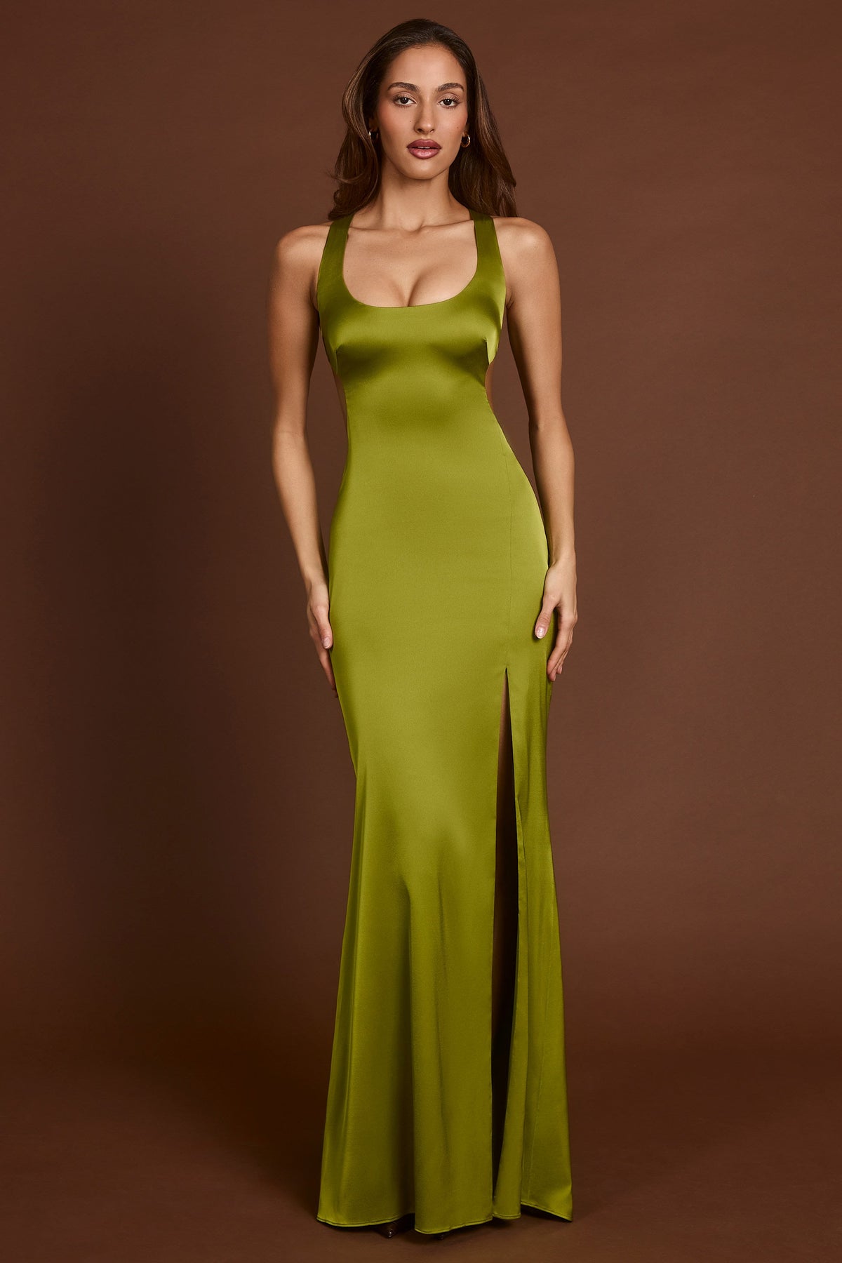 Scoop-Neck Lace-up Back Maxi Dress in Olive Green – view 5