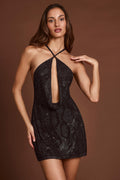 Embellished Halterneck Cowl A-line Mini Dress in Black – view 1
